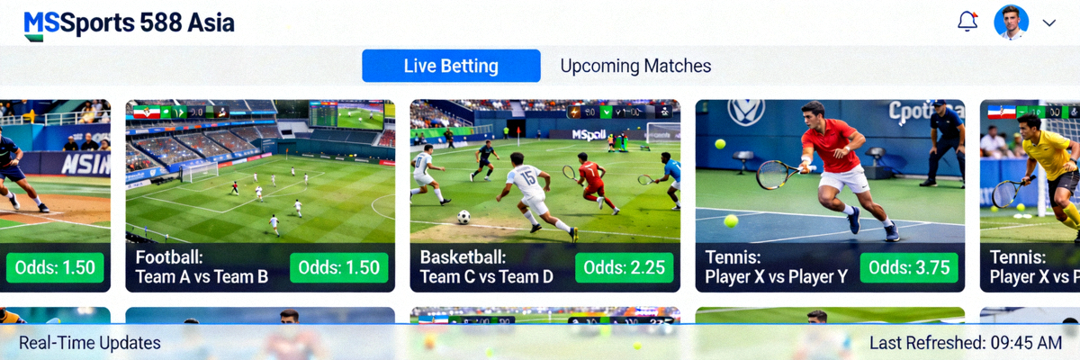 Antarmuka taruhan live MSports M88 Asia yang menunjukkan berbagai pertandingan olahraga dengan odds real-time