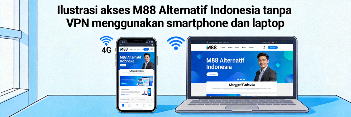 Ilustrasi akses M88 Alternatif Indonesia tanpa VPN menggunakan smartphone dan laptop