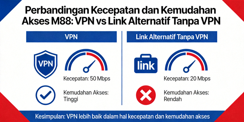 Infografis perbandingan kecepatan dan kemudahan akses M88 menggunakan VPN versus menggunakan link alternatif tanpa VPN