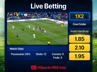 Tampilan live betting sepak bola di MSports M88 Asia dengan statistik pertandingan real-time