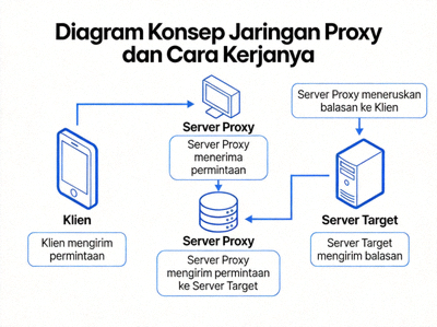 Diagram konsep jaringan proxy dan cara kerjanya dengan ilustrasi server perantara