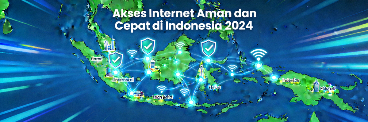 Ilustrasi akses internet yang aman dan cepat di Indonesia tahun 2024 dengan simbol keamanan dan koneksi