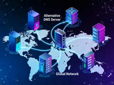 Ilustrasi teknologi DNS alternatif untuk akses internet yang menunjukkan server dan koneksi global