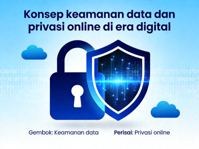 Konsep keamanan data dan privasi online di era digital dengan simbol gembok dan perisai