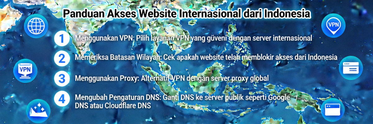 Panduan akses website internasional dari Indonesia dengan peta digital dan ikon global