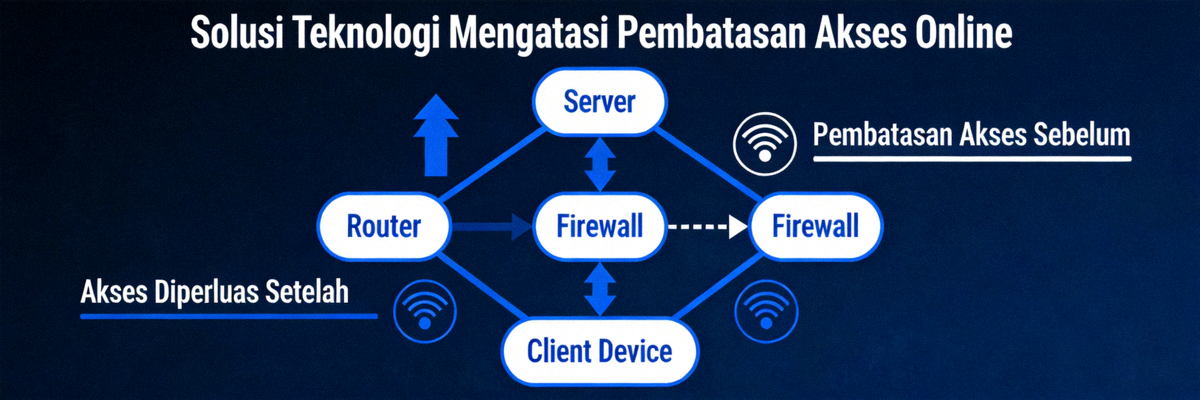 Solusi teknologi untuk mengatasi pembatasan akses online dengan diagram jaringan dan simbol koneksi