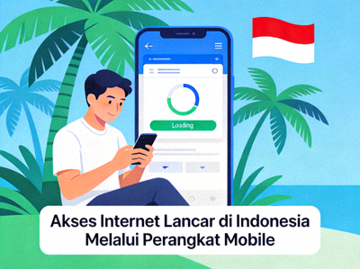 Ilustrasi grafis seseorang mengakses internet dengan lancar di Indonesia melalui perangkat mobile