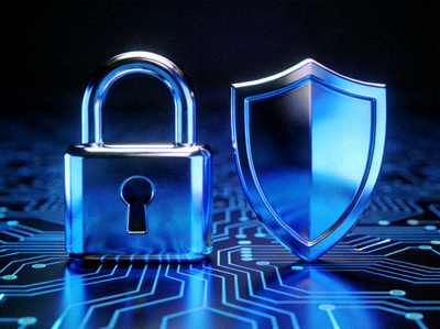 Ilustrasi simbol gembok dan perisai yang melambangkan keamanan data dan koneksi online yang terlindungi