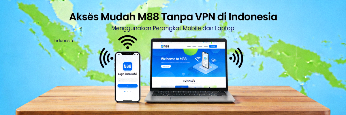 Ilustrasi akses mudah M88 tanpa VPN di Indonesia dengan perangkat mobile dan laptop